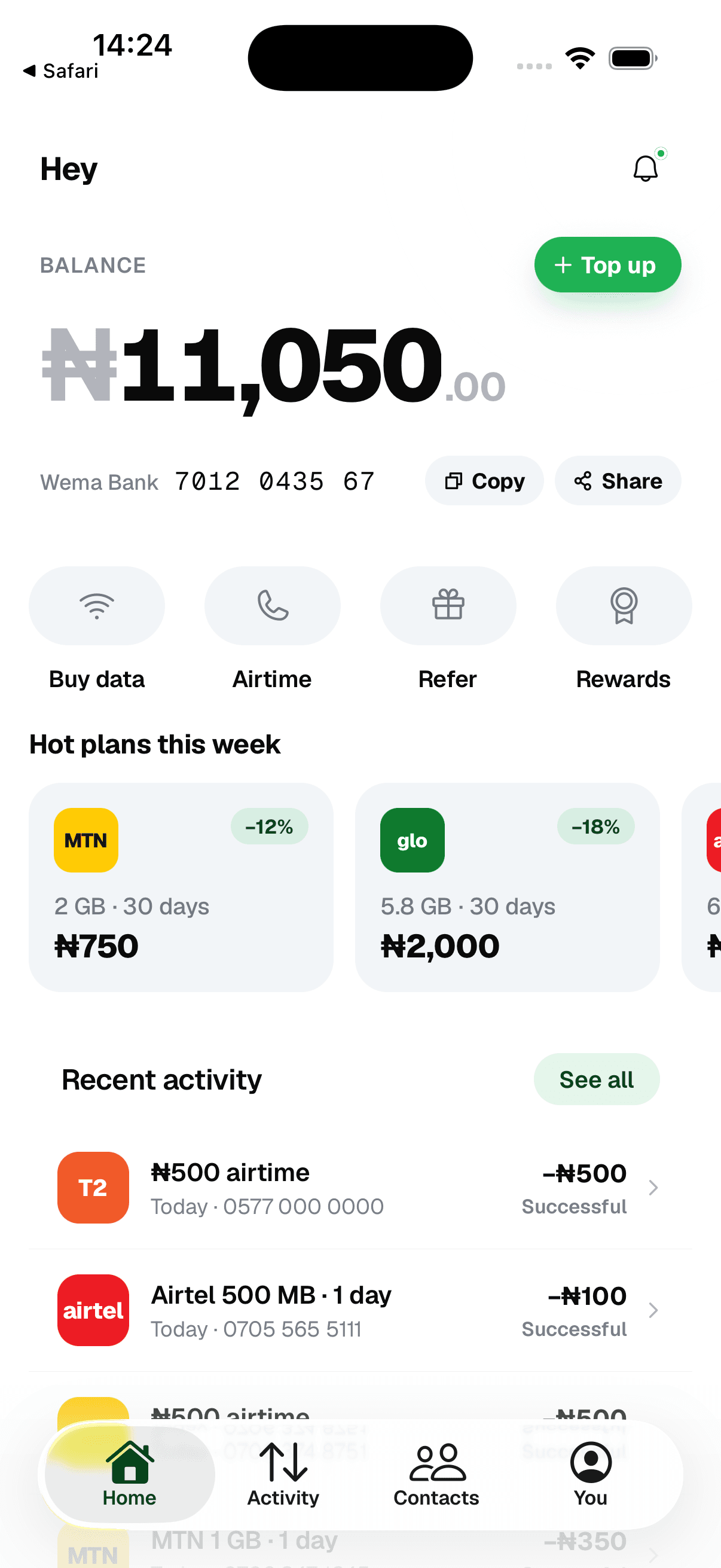 Sendclare app — wallet home with balance, buy data, airtime and recent activity
